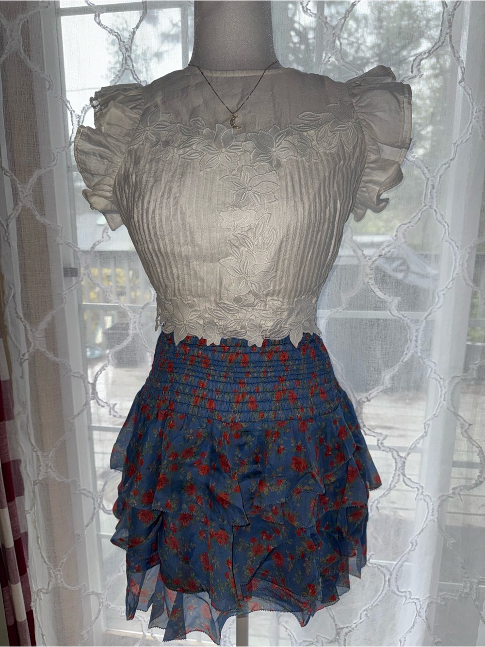 Keepsake x Intermix Silk Floral Set: Lace Tie-Back Top M & Ruffle Skirt P